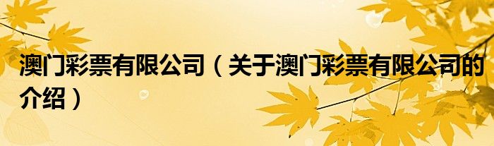 澳门彩票有限公司（关于澳门彩票有限公司的介绍）