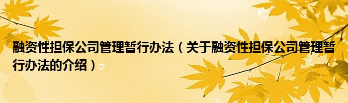 融资性担保公司管理暂行办法（关于融资性担保公司管理暂行办法的介绍）