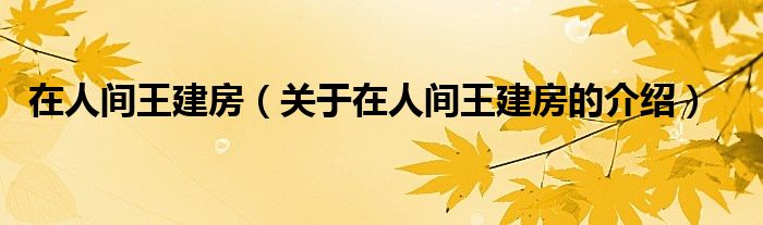 在人间王建房（关于在人间王建房的介绍）