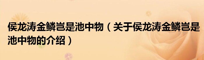 侯龙涛金鳞岂是池中物（关于侯龙涛金鳞岂是池中物的介绍）