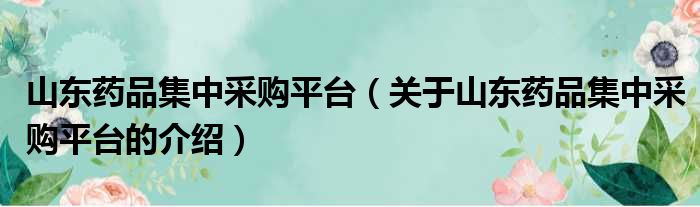 山东药品集中采购平台（关于山东药品集中采购平台的介绍）