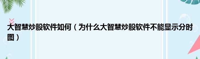 大智慧炒股软件如何（为什么大智慧炒股软件不能显示分时图）