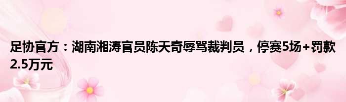 足协官方：湖南湘涛官员陈天奇辱骂裁判员，停赛5场+罚款2.5万元