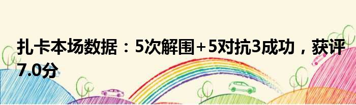 扎卡本场数据：5次解围+5对抗3成功，获评7.0分