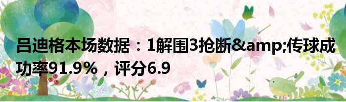 吕迪格本场数据：1解围3抢断&传球成功率91.9%，评分6.9