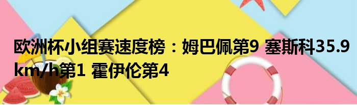 欧洲杯小组赛速度榜：姆巴佩第9 塞斯科35.9km/h第1 霍伊伦第4