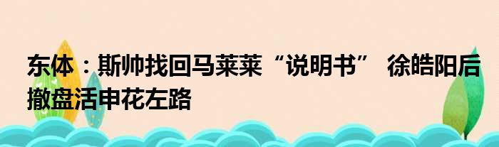 东体：斯帅找回马莱莱“说明书” 徐皓阳后撤盘活申花左路
