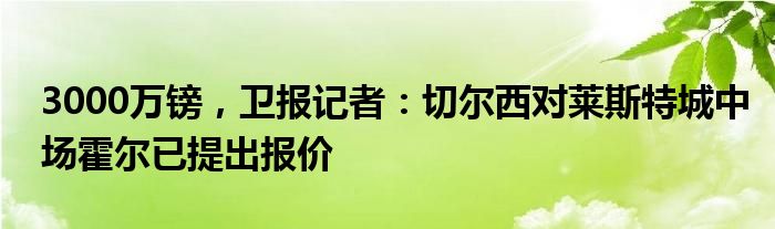 3000万镑，卫报记者：切尔西对莱斯特城中场霍尔已提出报价