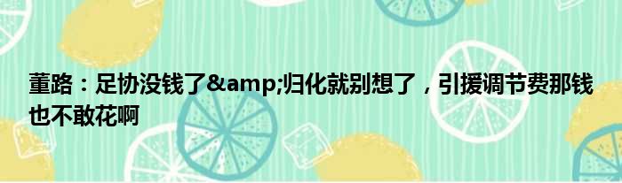 董路：足协没钱了&归化就别想了，引援调节费那钱也不敢花啊