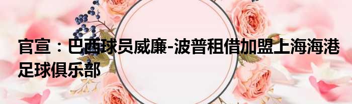 官宣：巴西球员威廉-波普租借加盟上海海港足球俱乐部