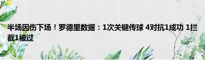 半场因伤下场！罗德里数据：1次关键传球 4对抗1成功 1拦截1被过