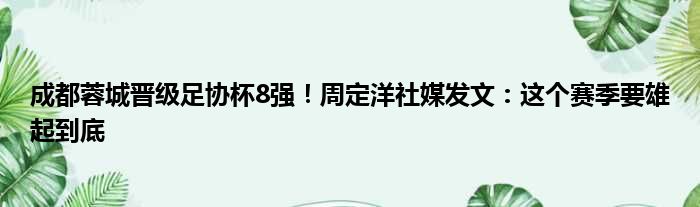 成都蓉城晋级足协杯8强！周定洋社媒发文：这个赛季要雄起到底