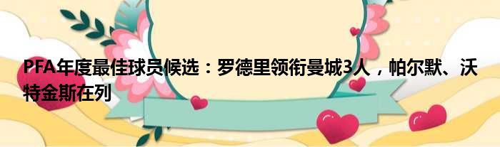 PFA年度最佳球员候选：罗德里领衔曼城3人，帕尔默、沃特金斯在列