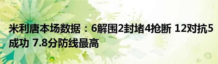 米利唐本场数据：6解围2封堵4抢断 12对抗5成功 7.8分防线最高