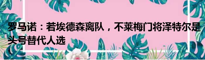 罗马诺：若埃德森离队，不莱梅门将泽特尔是头号替代人选