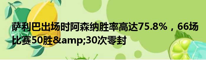 萨利巴出场时阿森纳胜率高达75.8%，66场比赛50胜&30次零封