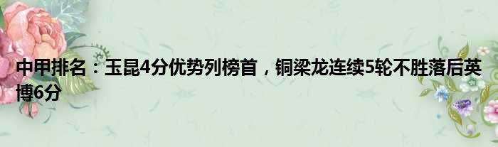 中甲排名：玉昆4分优势列榜首，铜梁龙连续5轮不胜落后英博6分