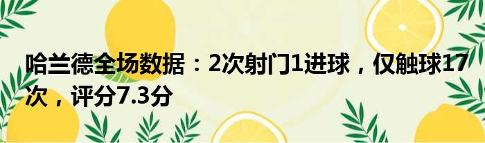 哈兰德全场数据：2次射门1进球，仅触球17次，评分7.3分