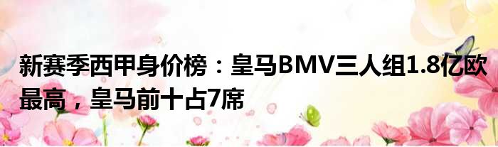 新赛季西甲身价榜：皇马BMV三人组1.8亿欧最高，皇马前十占7席