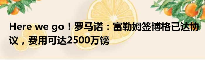 Here we go！罗马诺：富勒姆签博格已达协议，费用可达2500万镑