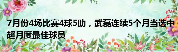 7月份4场比赛4球5助，武磊连续5个月当选中超月度最佳球员