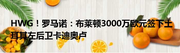 HWG！罗马诺：布莱顿3000万欧元签下土耳其左后卫卡迪奥卢